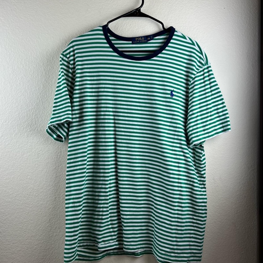 Polo Ralph Lauren Mens Horizontal Green / White Striped Short Sleeve Tee Size XX